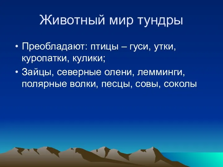 Животный мир тундры Преобладают: птицы – гуси, утки, куропатки, кулики;