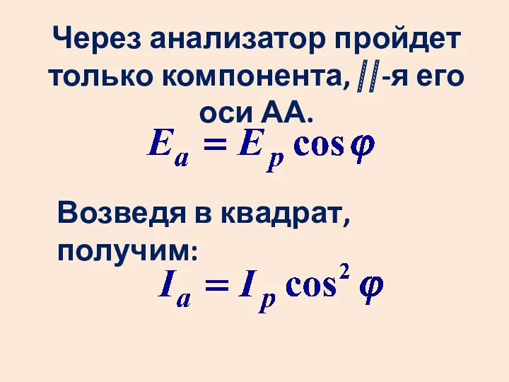 Через анализатор пройдет только компонента, ⎜⎜-я его оси АА. Возведя в квадрат, получим: