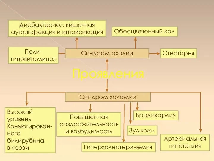 Проявления Синдром ахолии Поли- гиповитаминоз Стеаторея Дисбактериоз, кишечная аутоинфекция и интоксикация Обесцвеченный кал