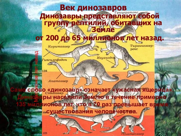 Век динозавров Динозавры представляют собой группу рептилий, обитавших на Земле