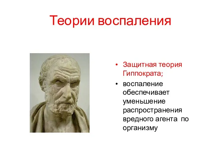 Теории воспаления Защитная теория Гиппократа; воспаление обеспечивает уменьшение распространения вредного агента по организму