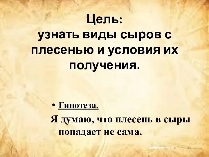 Цель: узнать виды сыров с плесенью и условия их получения.