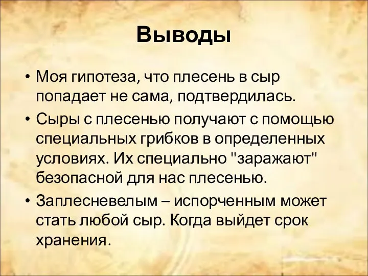 Выводы Моя гипотеза, что плесень в сыр попадает не сама,