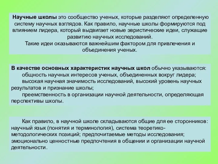 Как правило, в научной школе складываются общие для ее сторонников: