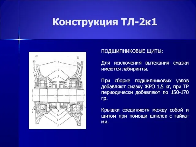 Конструкция ТЛ-2к1 ПОДШИПНИКОВЫЕ ЩИТЫ: Для исключения вытекания смазки имеются лабиринты.