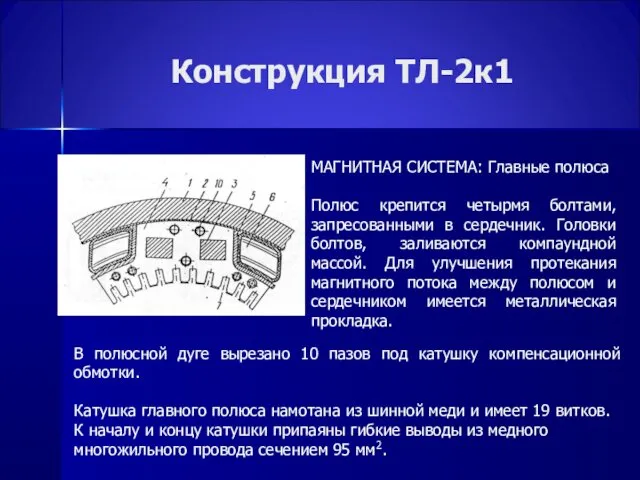 Конструкция ТЛ-2к1 МАГНИТНАЯ СИСТЕМА: Главные полюса Полюс крепится четырмя болтами,