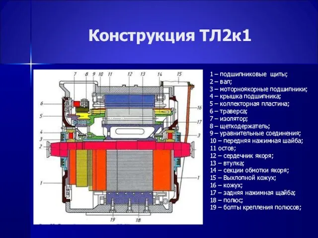 Конструкция ТЛ2к1 1 – подшипниковые щиты; 2 – вал; 3