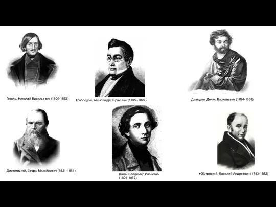 ●Жуковский, Василий Андреевич (1783-1852) Гоголь, Николай Васильевич (1809-1852) Грибоедов, Александр Сергеевич (1795 -1829)