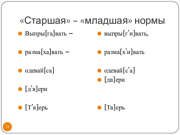 «Старшая» – «младшая» нормы Выпры[га]вать – разма[ха]вать – одевай[са] [д’в]ери [Т’в]ерь выпры[г’и]вать, разма[х’и]вать одевай[с’а] [дв]ери [Тв]ерь