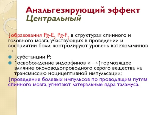 Анальгезирующий эффект Центральный ↓образования Pg-Е2 Pg-F2 в структурах спинного и