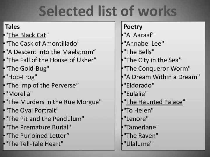 Selected list of works Tales "The Black Cat" "The Cask
