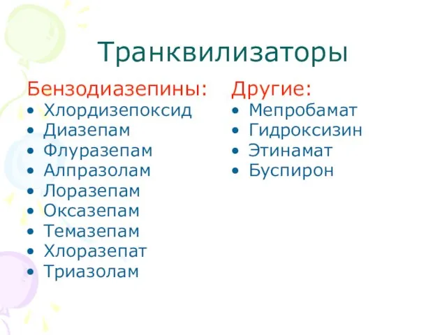 Транквилизаторы Бензодиазепины: Хлордизепоксид Диазепам Флуразепам Алпразолам Лоразепам Оксазепам Темазепам Хлоразепат Триазолам Другие: Мепробамат Гидроксизин Этинамат Буспирон