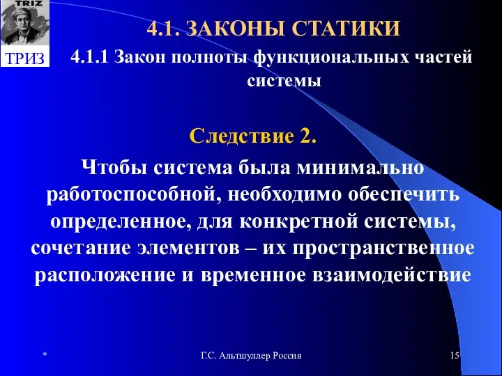 * Г.С. Альтшуллер Россия 4.1. ЗАКОНЫ СТАТИКИ Следствие 2. Чтобы система была минимально