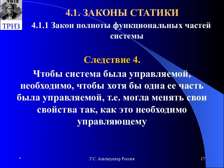 * Г.С. Альтшуллер Россия 4.1. ЗАКОНЫ СТАТИКИ Следствие 4. Чтобы система была управляемой,