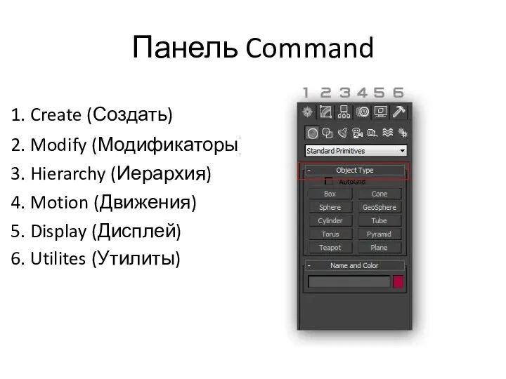 Панель Command 1. Create (Создать) 2. Modify (Модификаторы) 3. Hierarchy
