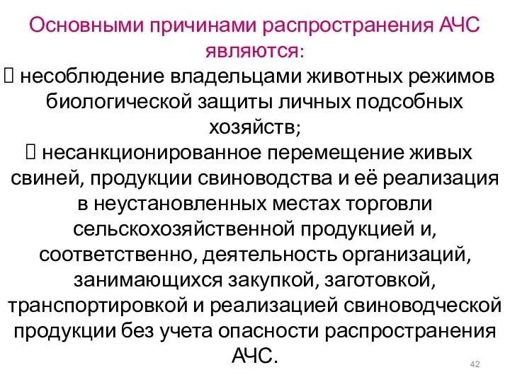 Основными причинами распространения АЧС являются: несоблюдение владельцами животных режимов биологической