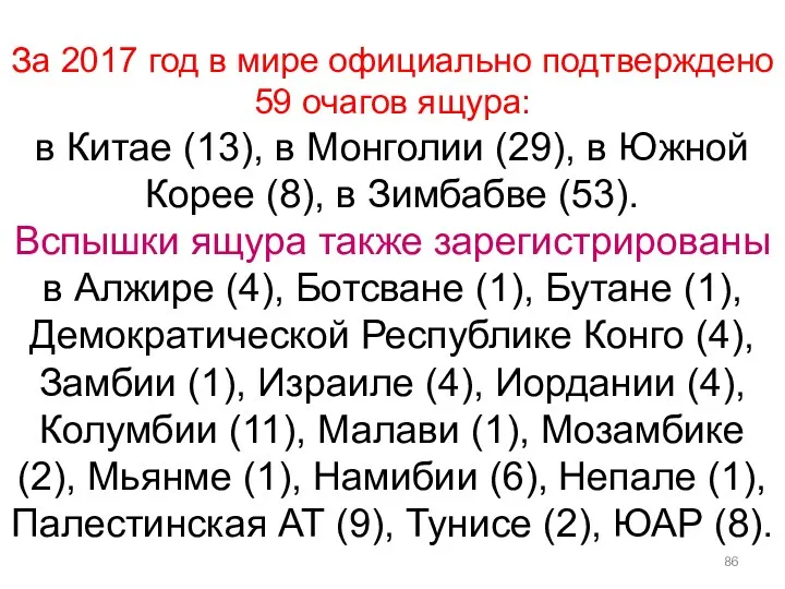 За 2017 год в мире официально подтверждено 59 очагов ящура: