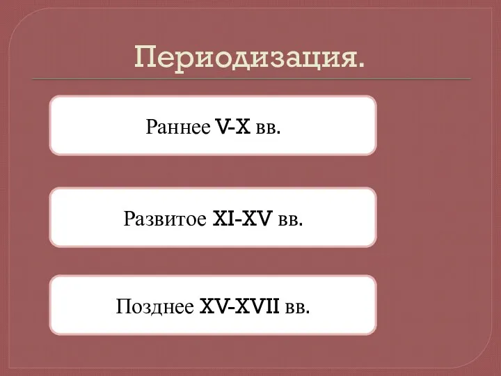 Периодизация. Раннее V-X вв. Развитое XI-XV вв. Позднее XV-XVII вв.