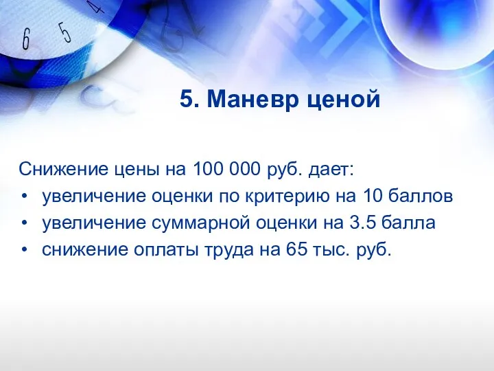 5. Маневр ценой Снижение цены на 100 000 руб. дает: