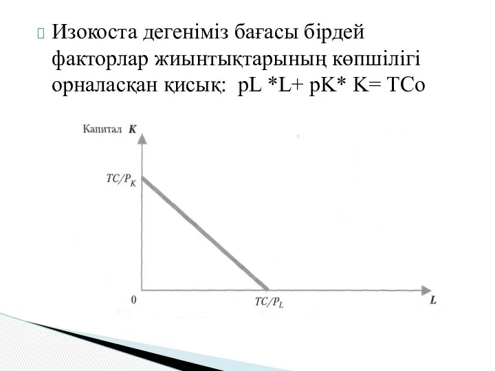 Изокоста дегеніміз бағасы бірдей факторлар жиынтықтарының көпшілігі орналасқан қисық: pL *L+ pK* K= ТСо