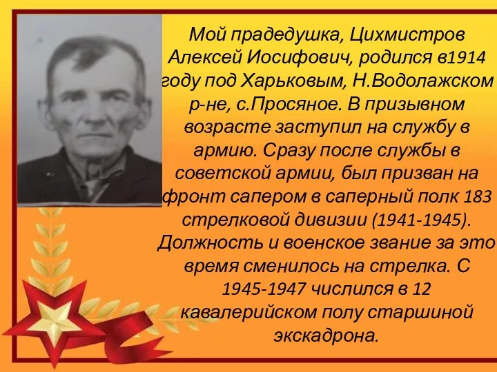 Мой прадедушка, Цихмистров Алексей Иосифович, родился в1914 году под Харьковым,