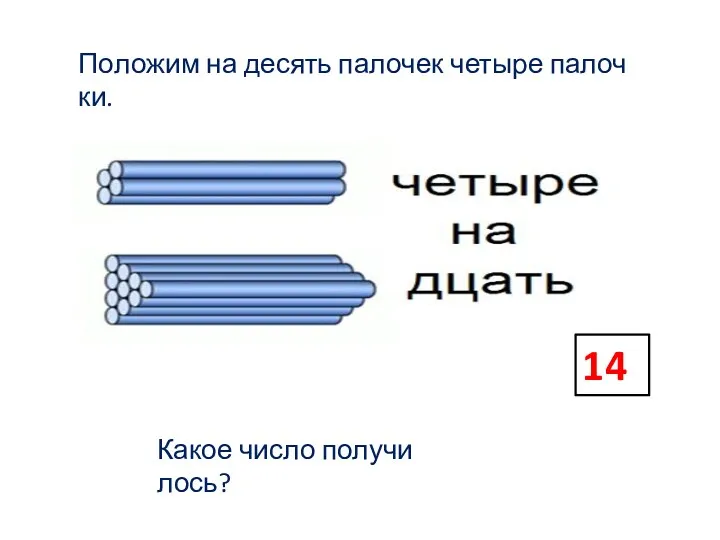 14 По­ло­жим на де­сять па­ло­чек четыре па­лоч­ки. Какое число по­лу­чи­лось?