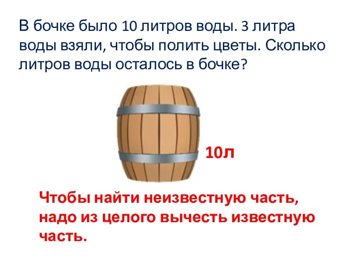 В бочке было 10 литров воды. 3 литра воды взяли,