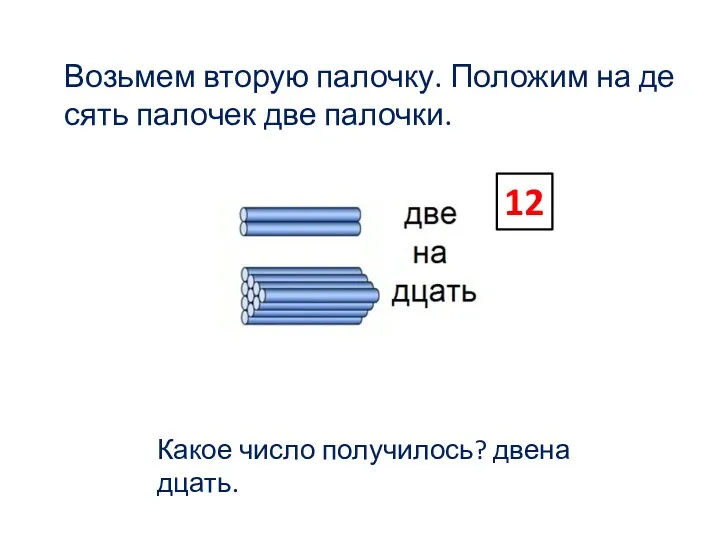 Возь­мем вто­рую па­лоч­ку. По­ло­жим на де­сять па­ло­чек две па­лоч­ки. Какое число по­лу­чи­лось? двена­дцать. 12