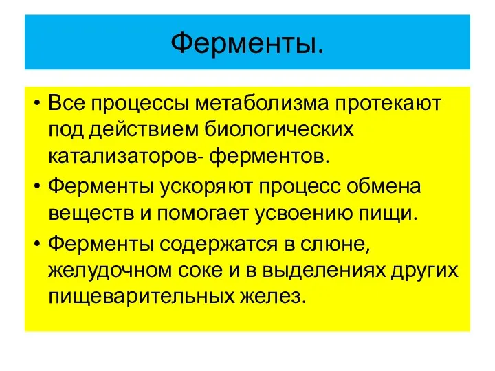 Ферменты. Все процессы метаболизма протекают под действием биологических катализаторов- ферментов.