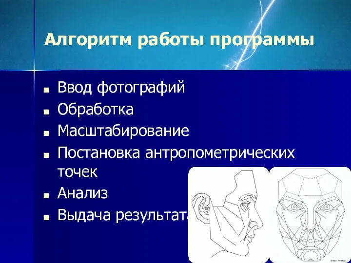 Алгоритм работы программы Ввод фотографий Обработка Масштабирование Постановка антропометрических точек Анализ Выдача результата