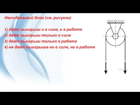 Неподвижный блок (см. рисунок) 1) даёт вы­иг­рыш и в силе,