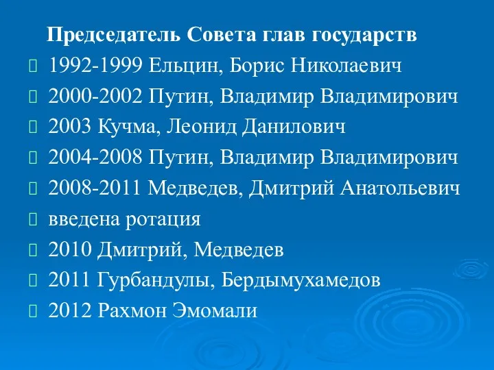 Председатель Совета глав государств 1992-1999 Ельцин, Борис Николаевич 2000-2002 Путин,