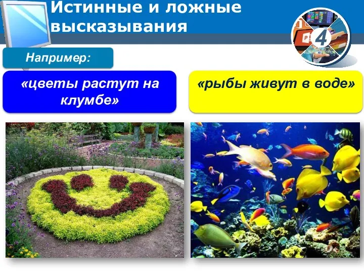 Истинные и ложные высказывания Например: «цветы растут на клумбе» «рыбы живут в воде»