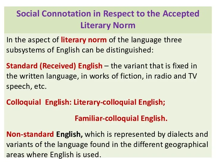 Social Connotation in Respect to the Accepted Literary Norm In the aspect of