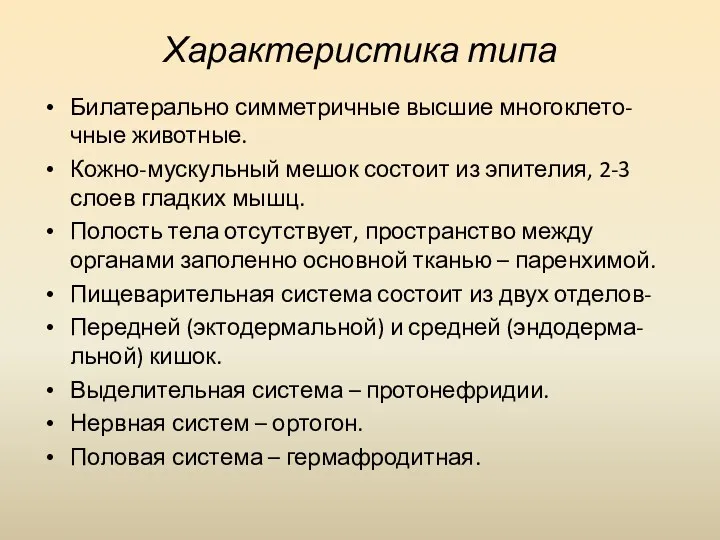 Характеристика типа Билатерально симметричные высшие многоклето-чные животные. Кожно-мускульный мешок состоит