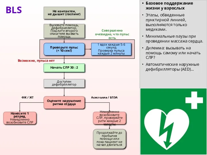 Проверьте пульс ( Не контактен, не дышит (гаспинг) Вызовите помощь, Дефибриллятор, Пошлите второго