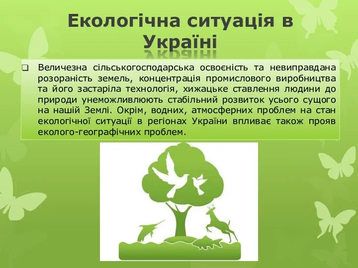 Екологічна ситуація в Україні Величезна сільськогосподарська освоєність та невиправдана розораність