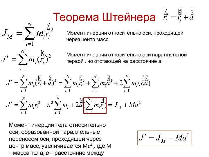 Теорема Штейнера Момент инерции относительно оси, проходящей через центр масс.