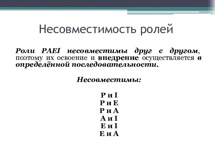 Несовместимость ролей Роли PAEI несовместимы друг с другом, поэтому их освоение и внедрение