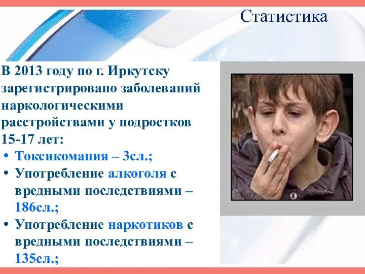 Статистика В 2013 году по г. Иркутску зарегистрировано заболеваний наркологическими