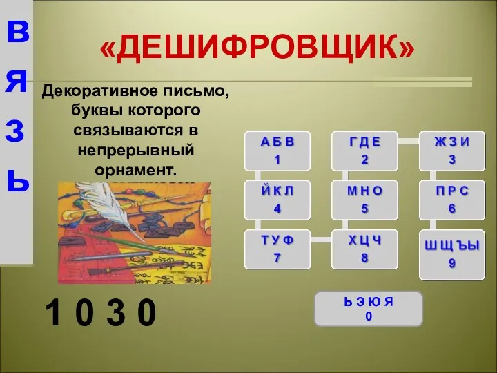 «ДЕШИФРОВЩИК» Ь Э Ю Я 0 Декоративное письмо, буквы которого