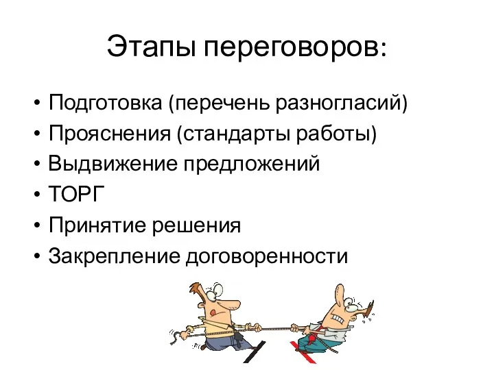 Этапы переговоров: Подготовка (перечень разногласий) Прояснения (стандарты работы) Выдвижение предложений ТОРГ Принятие решения Закрепление договоренности