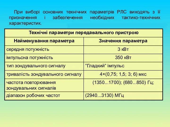 При виборі основних технічних параметрів РЛС виходять з її призначення і забезпечення необхідних тактико-технічних характеристик.