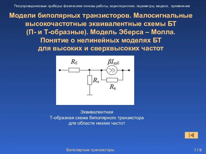 Биполярные транзисторы Модели биполярных транзисторов. Малосигнальные высокочастотные эквивалентные схемы БТ (П- и Т-образные).