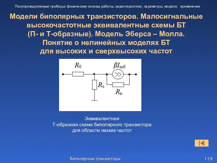 Биполярные транзисторы Модели биполярных транзисторов. Малосигнальные высокочастотные эквивалентные схемы БТ