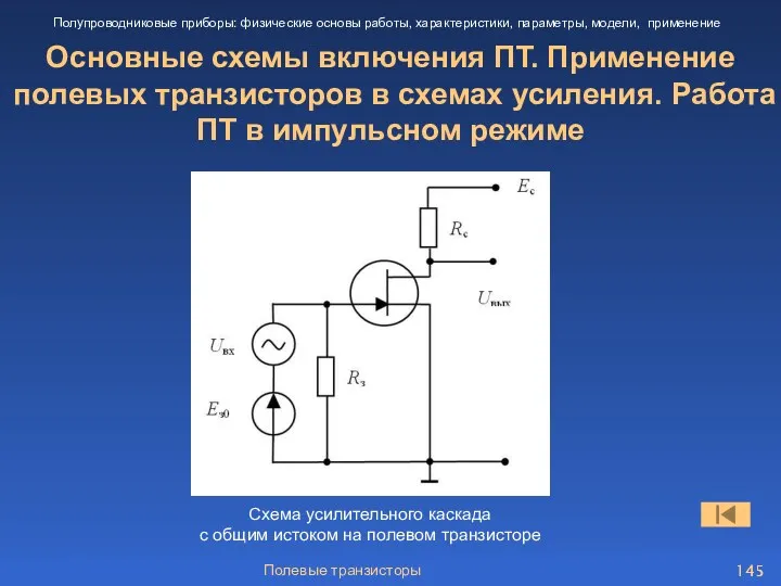 Полевые транзисторы Основные схемы включения ПТ. Применение полевых транзисторов в схемах усиления. Работа