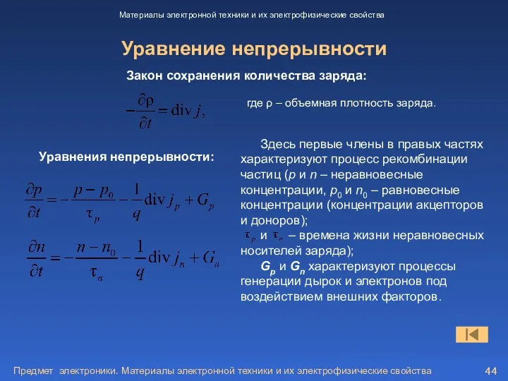 Предмет электроники. Материалы электронной техники и их электрофизические свойства Уравнение