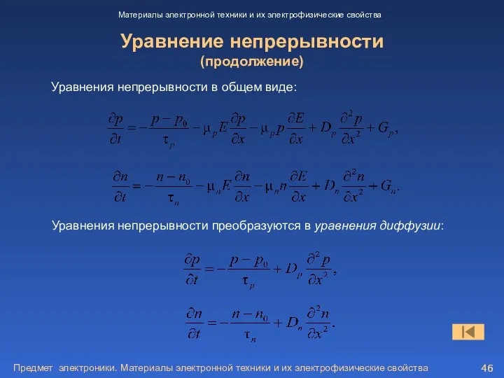 Предмет электроники. Материалы электронной техники и их электрофизические свойства Уравнение