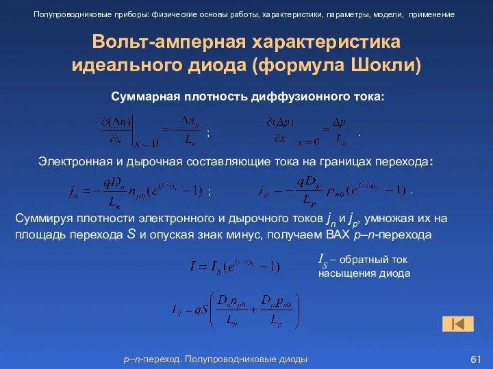 p–n-переход. Полупроводниковые диоды Вольт-амперная характеристика идеального диода (формула Шокли) Полупроводниковые приборы: физические основы