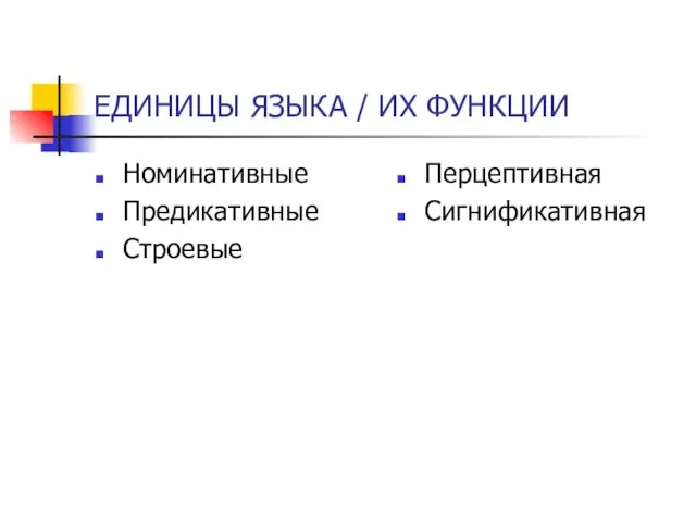 ЕДИНИЦЫ ЯЗЫКА / ИХ ФУНКЦИИ Номинативные Предикативные Строевые Перцептивная Сигнификативная